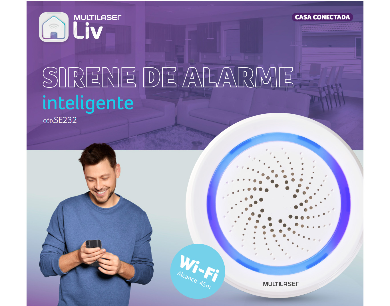  Sirene de Alarme Inteligente Wi-Fi Multilaser Liv - SE232 